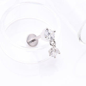 Detail View 1 of Brilliant Sparkle Dainty Dangle Prong Gem Top Flat Back Stud Labret-Clear Gem